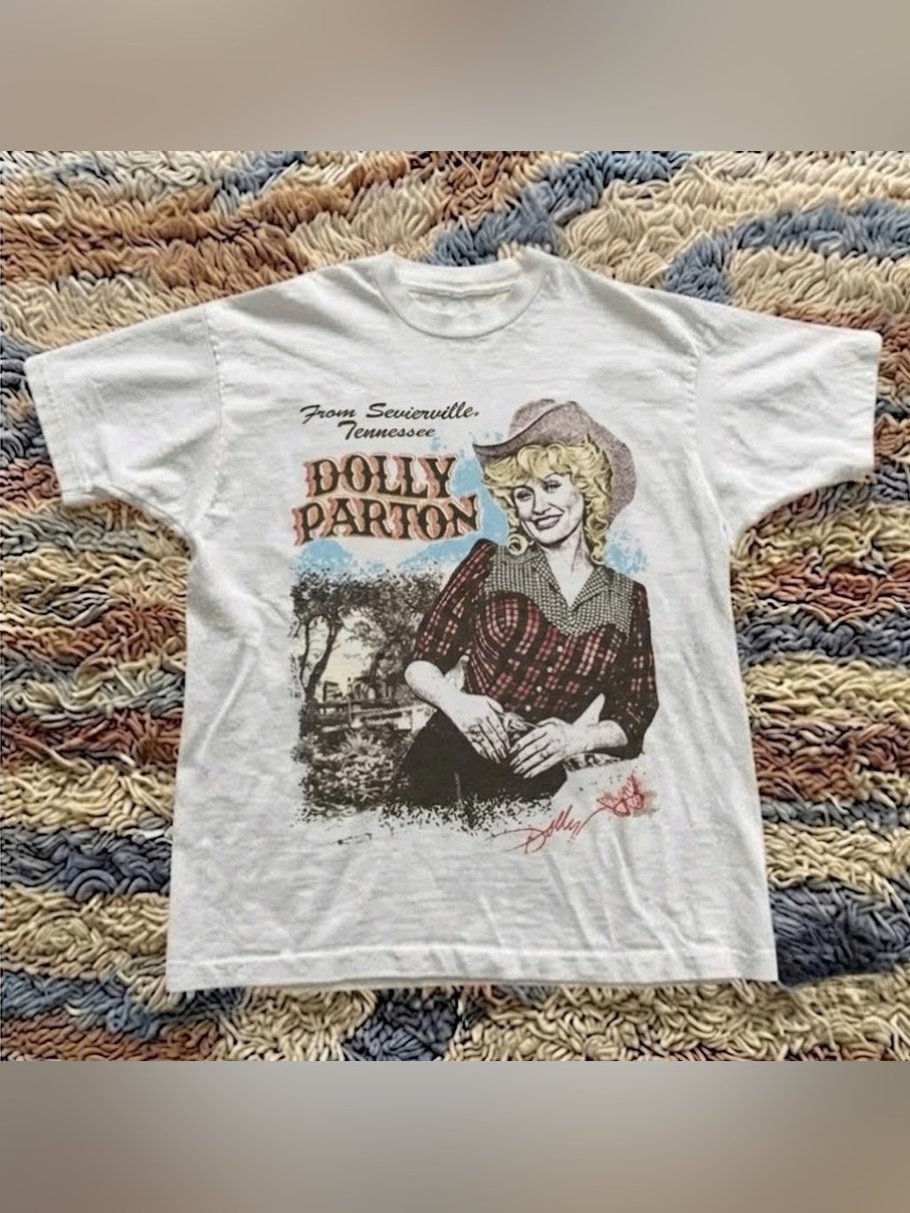 White Dolly Parton Graphic Tee with Multi-Color Print